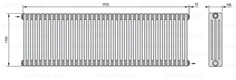 Схема (чертеж) Радиатор Zehnder Charleston 4110/37 №1670 Белый глянцевый RAL 9016